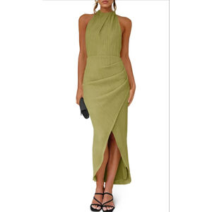 NEW Green Halter Neck Sleeveless Slit Ribbed Backless Dress M